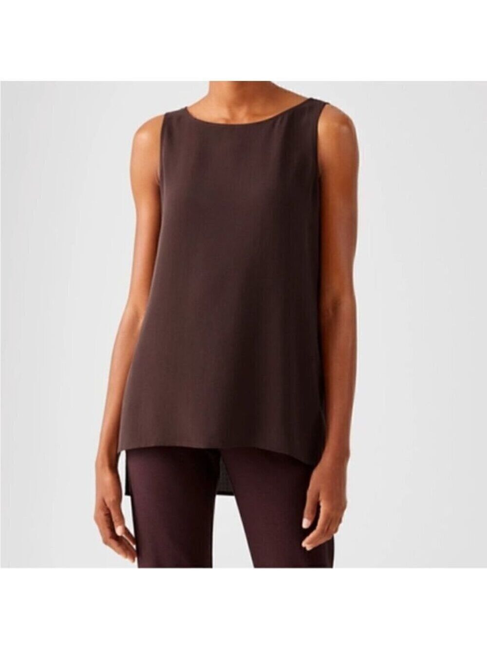 Eileen Fisher Brown Georgette Crepe Ballet Neck 100% Silk Long Tank Size XS